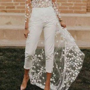 White Simple Wedding Lace Jumpsuit